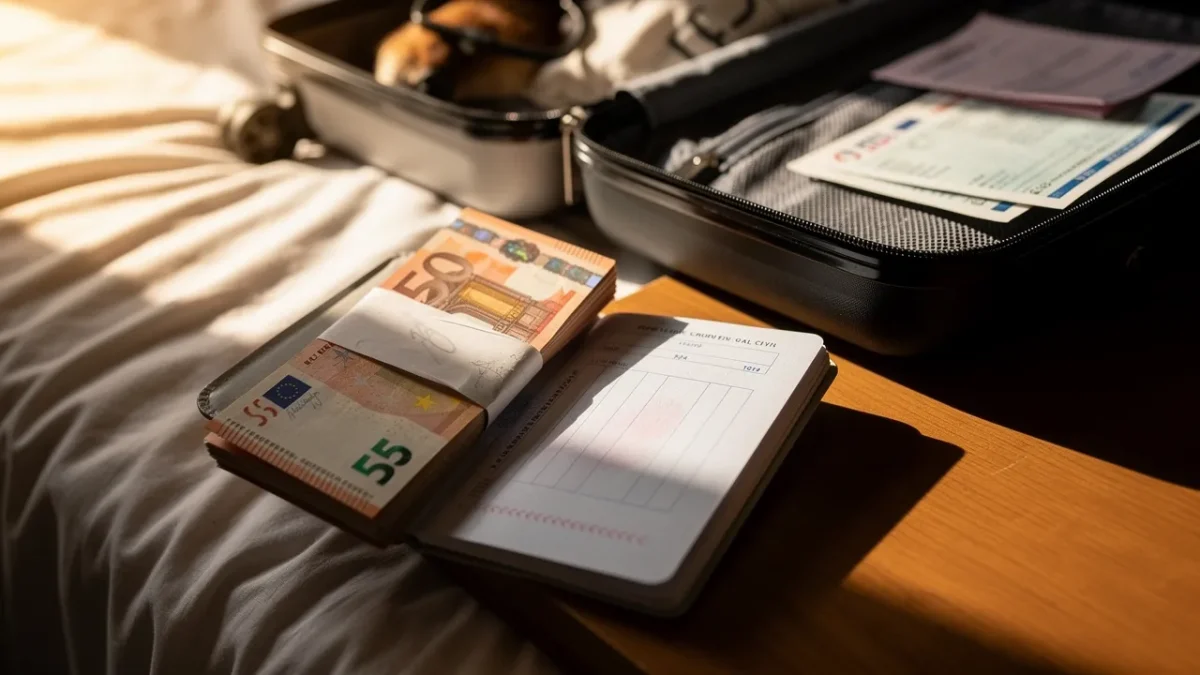 des billets en euros et un passeport poses cote a cote evoquant le transport Des billets en euros et un passeport posés côte à côte, évoquant le transport d'espèces lors d'un voyage international.