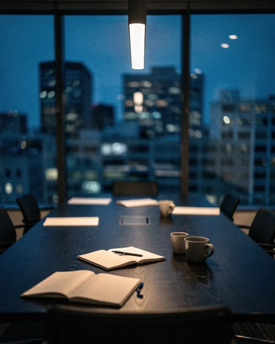 Une salle de réunion vide au crépuscule, carnets ouverts sur la table et ville floue derrière la baie vitrée