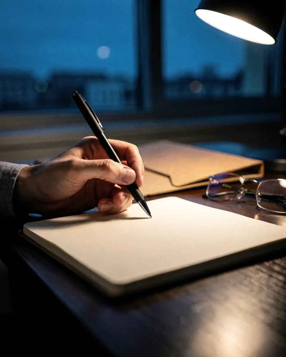 Une main tient un stylo au-dessus d’un carnet vierge, sur un bureau éclairé par une lampe