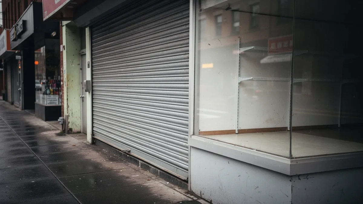 rideau de fer baisse devant une boutique fermee vitrine vide apres l arret Rideau de fer baissé devant une boutique fermée, vitrine vide, après l'arrêt de l'activité d'une entreprise en liquidation judiciaire.