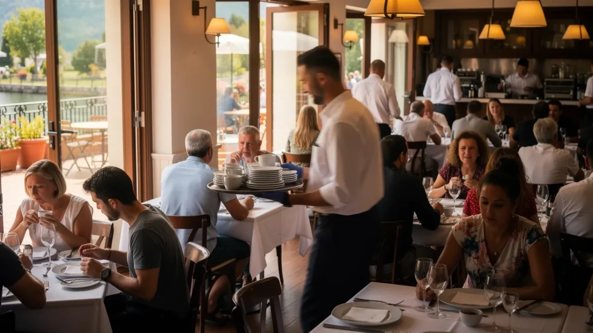 salle de restaurant bondee en haute saison serveurs circulant entre des tables Salle de restaurant bondée en haute saison, serveurs circulant entre des tables toutes occupées.