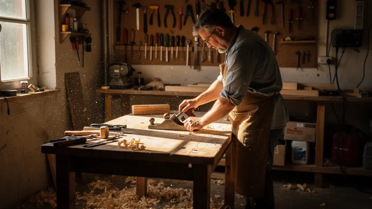 un artisan travaille dans son atelier entoure de ses outils Un artisan travaille dans son atelier entouré de ses outils.