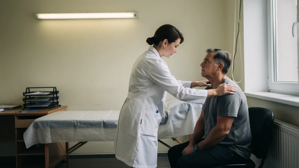 un medecin du travail examine un salarie assis face a lui dans un cabinet Un médecin du travail examine un salarié assis face à lui dans un cabinet médical professionnel.