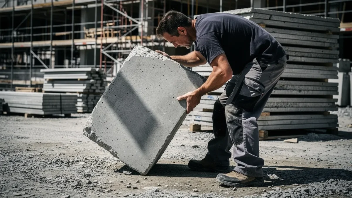 un ouvrier manipule une charge lourde sur un chantier un geste repete pouvant Un ouvrier manipule une charge lourde sur un chantier, un geste répété pouvant provoquer des troubles musculo-squelettiques liés au travail.