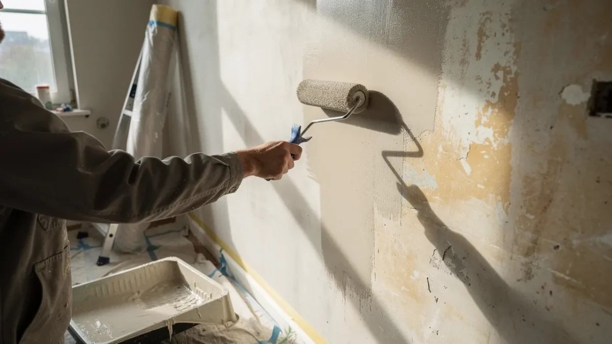 un ouvrier realisant des travaux de renovation dans un appartement en chantier Un ouvrier réalisant des travaux de rénovation dans un appartement en chantier.