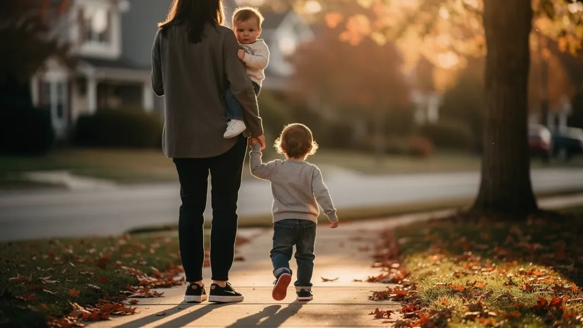 un parent avec deux jeunes enfants un bebe dans les bras et un enfant Un parent avec deux jeunes enfants, un bébé dans les bras et un enfant plus grand à côté de lui.