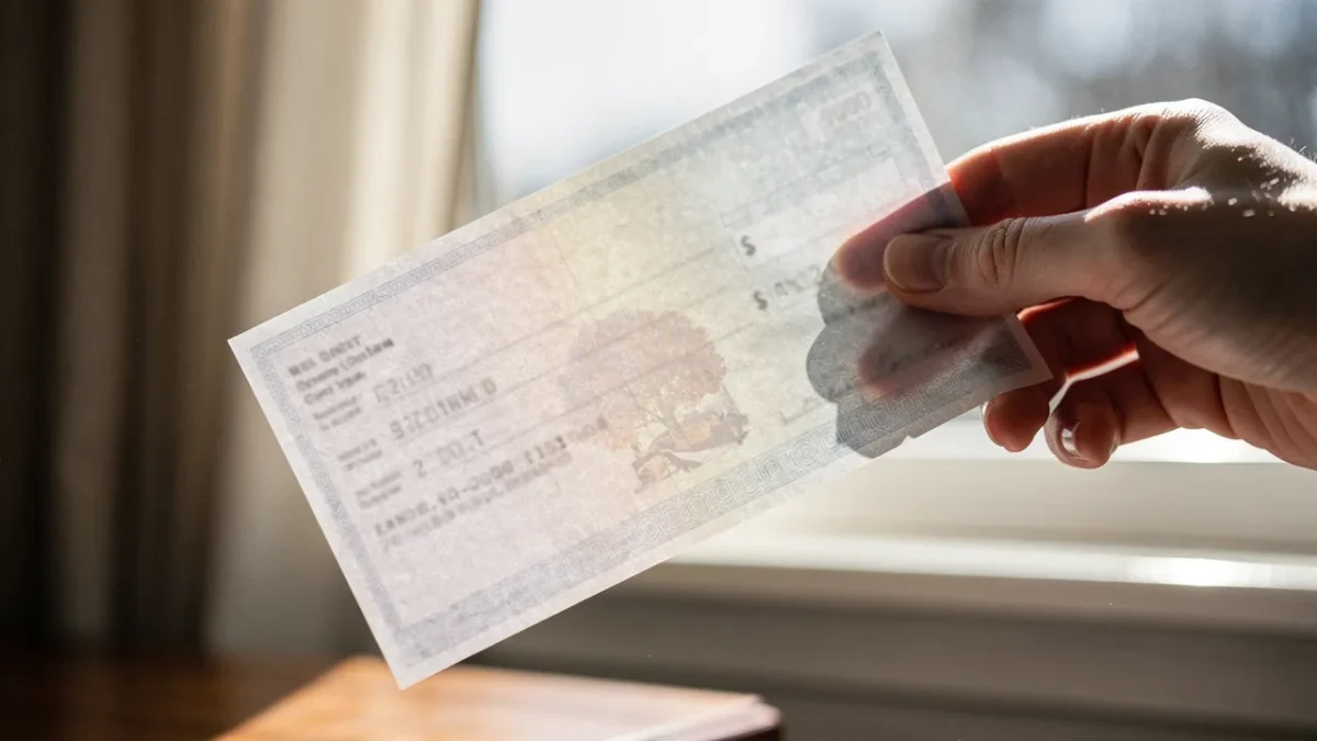 une main tient un cheque de banque en papier devant une fenetre afin Une main tient un chèque de banque en papier devant une fenêtre afin de vérifier par transparence le filigrane qui y est intégré.