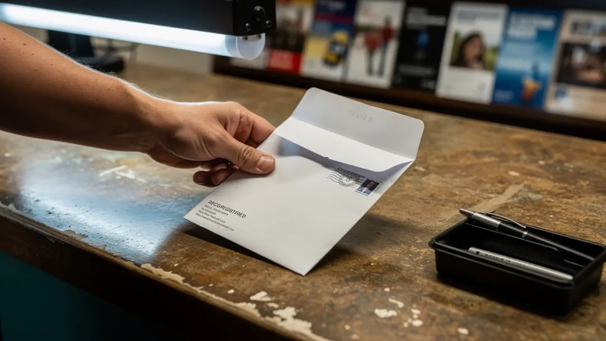 une personne remet une lettre recommandee a un employe de bureau de poste Une personne remet une lettre recommandée à un employé de bureau de poste.